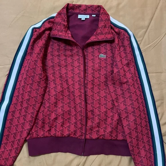 Lacoste Burgundy Geometric sweatsuit/ jacket and pants - Picture 2 of 6